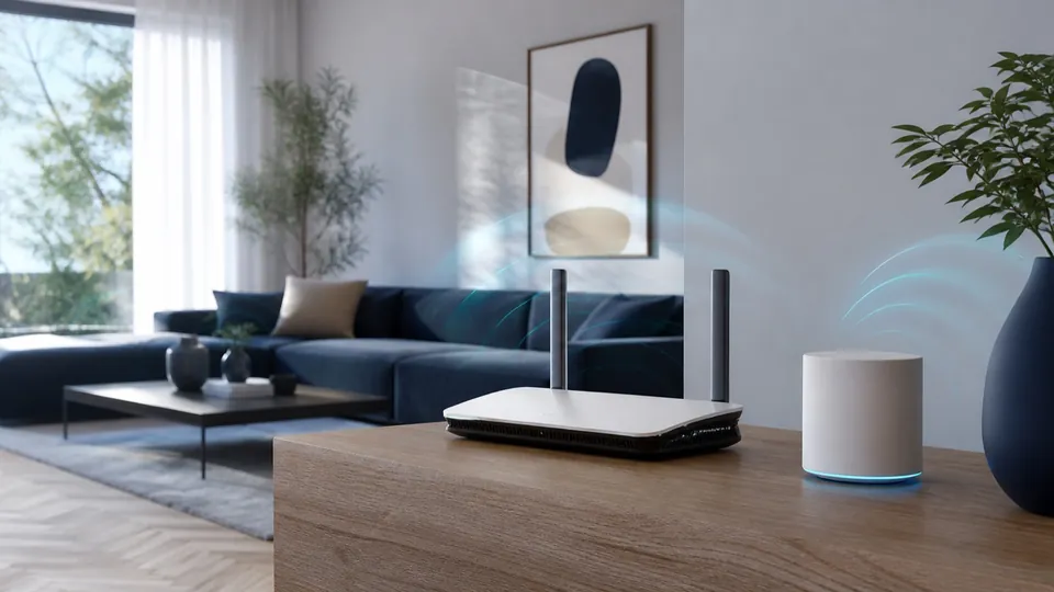 Moderner WLAN-Router und Mesh-Zugangspunkt in einem Wohnraum