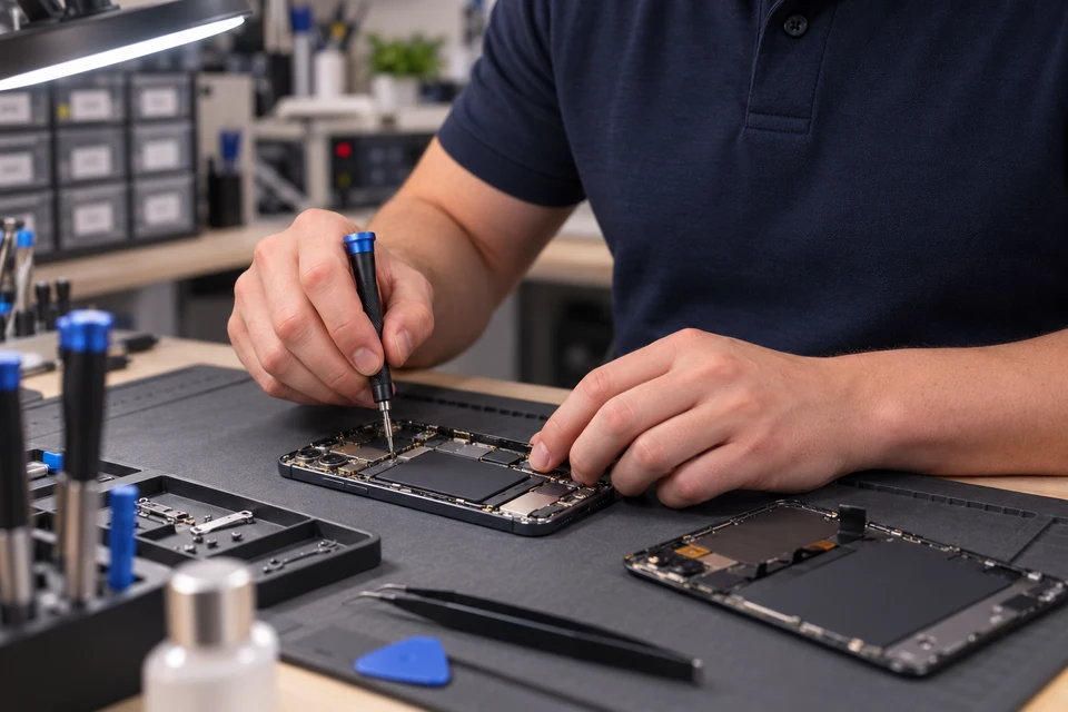 Smartphone-Reparatur an der Werkbank
