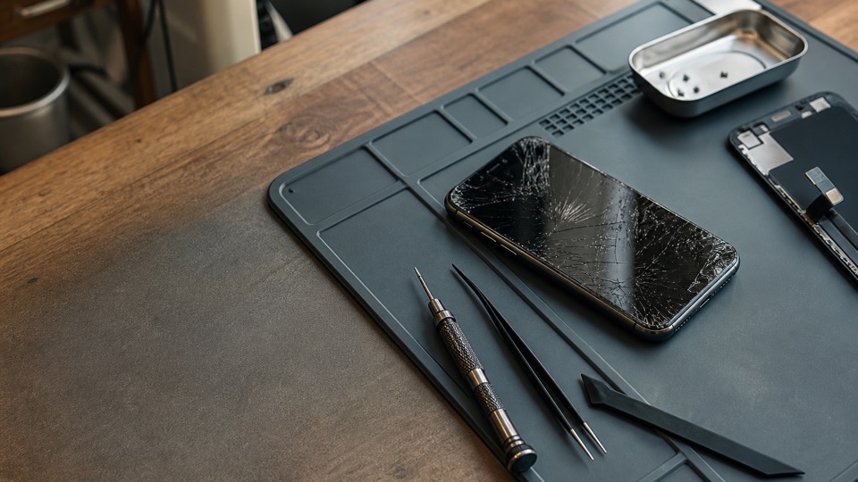 Smartphone mit gesprungenem Display auf einer echten Reparaturmatte mit Werkzeug