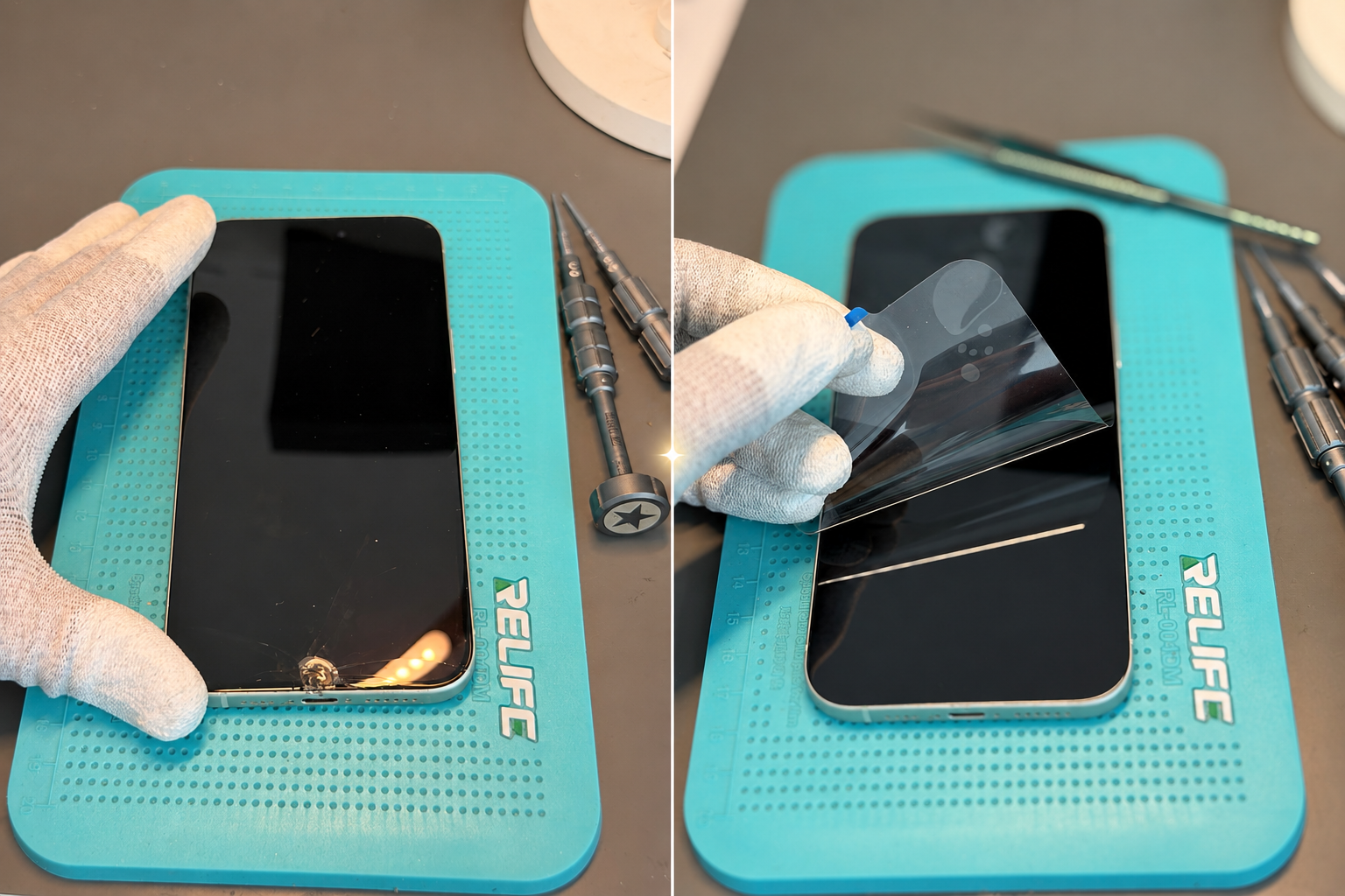 Smartphone mit beschädigtem Display vor dem Austausch und beim fachgerechten Displaywechsel
