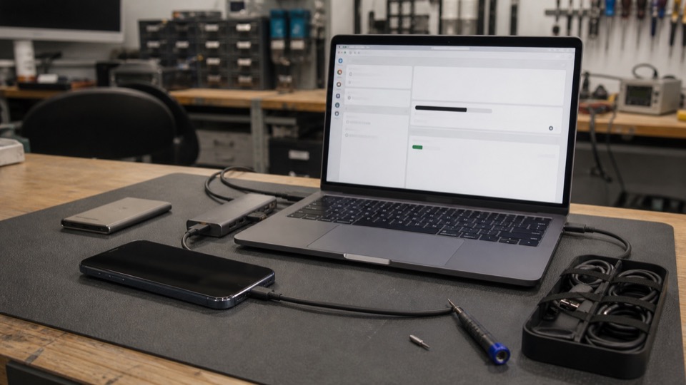 Smartphone per Kabel mit Diagnose-Laptop auf einem realen Werkstatt-Arbeitsplatz verbunden